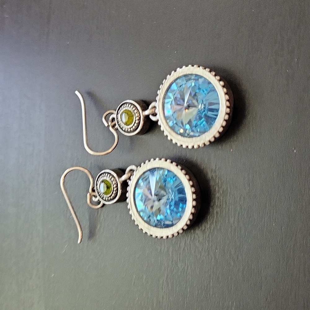 Patricia Locke Silver Swarovski Crystal Dangle Earrings Blue Main Stone Signed